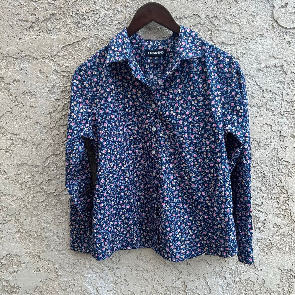 Lands’ End Floral Button Up Blouse Blue Pink Petite Size 6P